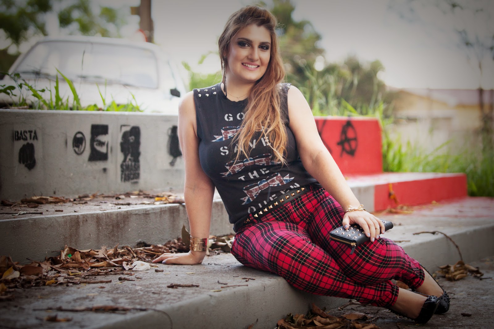 acho tendência, blog de moda, look do dia, look rocker, calça xadrez, tartan, spikes, tachinhas, punk, god save the queen, inglaterra, mogi mirim, mogi guaçu, campinas